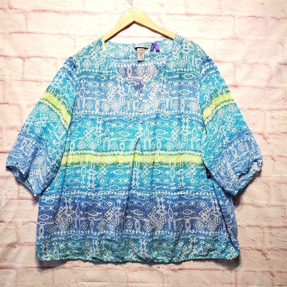 Catherines Shirt Womens 2XWP Petite Blue Green Geometric Henley Boho Tunic Top